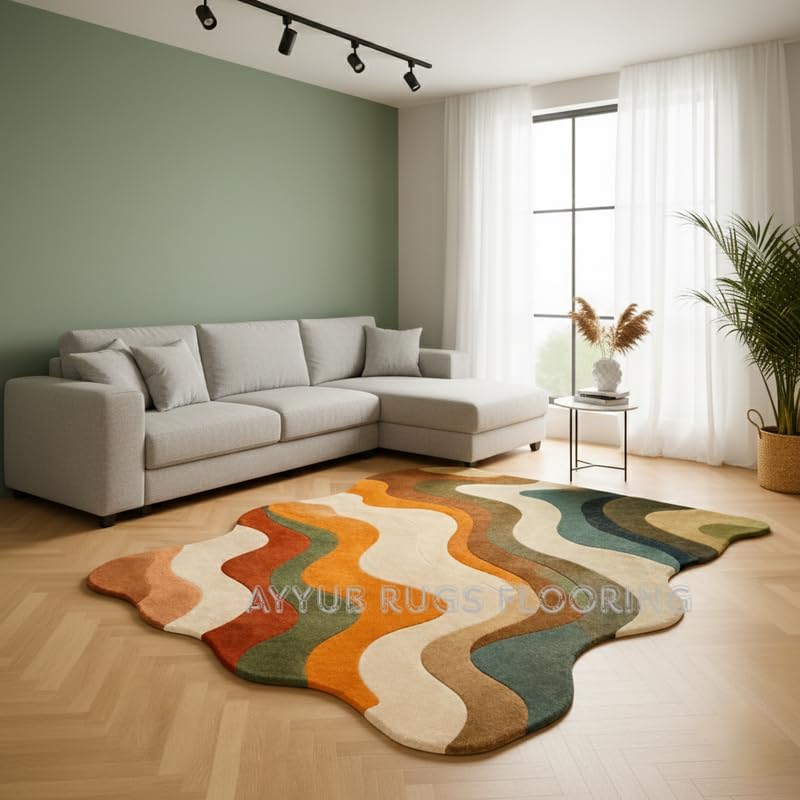 Hand-Tufted Wool Abstract Wave Pattern Area Rug, Premium Soft & Durable Modern Floor Carpet for Living Room, Bedroom, Nursery & Home Decor 8 x 12 Ft Multi/C