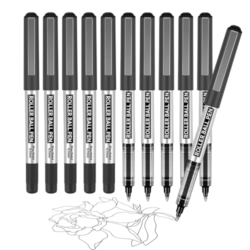 Rollerball Pen, 10 Pack Black Gel Pens 0.7 mm Fine Point Liquid Ink, Quick-Drying Ballpoint Pen for Writing, Journaling, Home Office Stationary Supplies