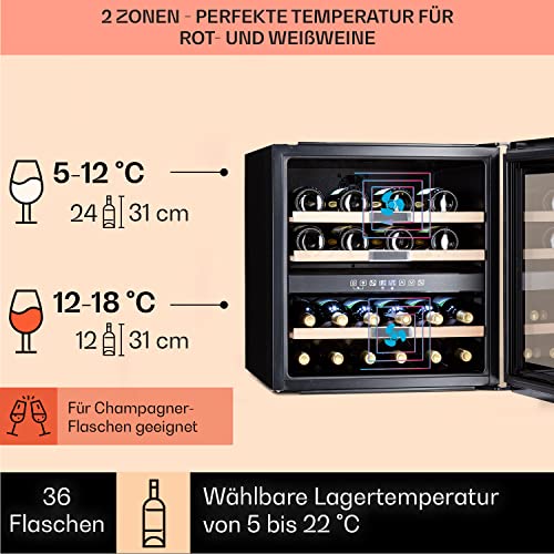 Foto von Klarstein Einbau-Weinkühlschrank, 2 Zonen Getränkekühlschrank Klein, Kleiner Weinschrank 85L, Wein-Kühlschrank Klein mit Glastür, Indoor/Outdoor Flaschenkühlschrank, Wine Fridge 36 Flaschen