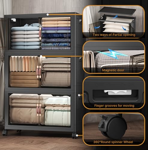 Image of UAMFURI Stackable Storage Bins with Lids, 504QT Closet Organizers and Storage Cabinet with Doors & Wheels, Lockable Plastic Foldable Drawers for Bedroom Dorm Office Garage(168QT*3,Black)