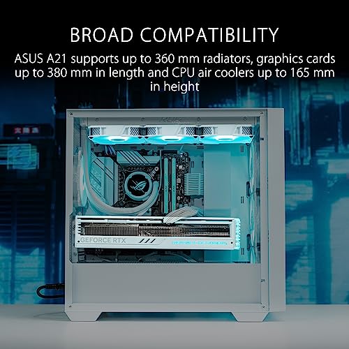 ASUS A21 Micro-ATX Case White Edition Supports Graphics Cards up to 380mm, 360mm Coolers, & Standard ATX PSUs, Porous Front-Panel Mesh, Compatible with New BTF Hidden Connector Technology - Image 2