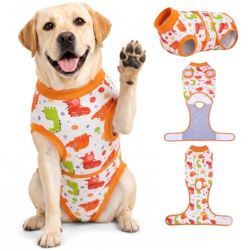 Image of PetWarm Dog Neuter Recovery Suit, Onesie for Dogs After Surgery, Professional Dog Recovery Shirt Abdominal Wounds Bandages Substitute E-Collar and Cone, Dinosaur Pattern, Yellow, 2XL
