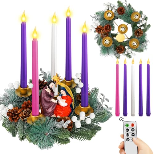 Tioncy 12 Inch Christmas Advent Wreath Candle Holder with Nativity