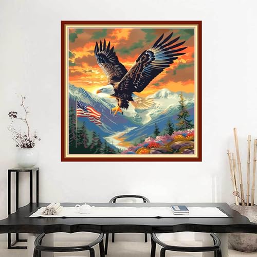 Image of Joyhoor Stamped Cross Stitch Kits for Beginners Needlepoint Kits for Adults Embroidery Kits 11CT Counted Cross Stitch Kits Printed Embroidery Pattern-Eagle Flag 18x18 inchs