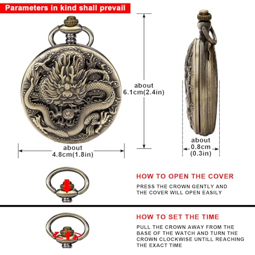 Image of Dragon Design Quartz Pocket Watch Roman Numerals with Chain Birthdays Gifts for Father's Days