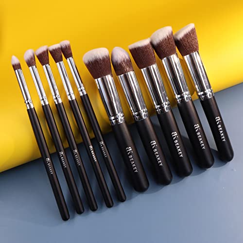 Beakey Makeup Brushes Set 10 Pcs Premium Synthetic Kabuki Foundation Face Powder Concealers Blush Eyeshadow Brushes Makeup Brush Kit With 2Pcs Blender Sponge #TOP6