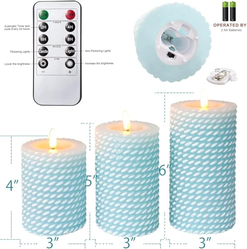Image of Blue Flameless Candles, Rope Texture 3D Wick, Flickering Pillar Candles with Remote & Timer, 3 Pack