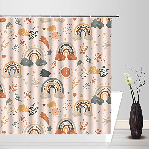 Zkjsmgs Boho Rainbow Shower Curtain Abstract Mid Century Modern Sun Leaves Star Witchy Simple Vintage Retro Aesthetic Mystical Cartoon Fabric Bathroom Sets With Hooks,Orange Pink #TOP2