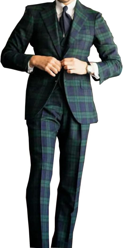 Men Green Plaid Blazer Vintage Checkered Slim Fit Prom Tuxedo Grooms Wedding Fashion 3 Pieces Suit Jacket Pants Vest