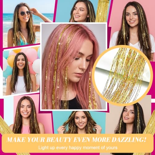 Image of MAYCREATE 6Pcs Clip in Hair Tinsel Gold Glitter Hair Extensions Tinsels for Women Heat Resistant Sparkle Strands for Women Girls Kids Party Festival Decoration