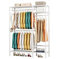 KZOBYD Heavy Duty Clothes Rail Rack, Metal Garment Rack with 3 Hanging Rods, Adjustable Wire Clothes Shelving Storage Rack Freestanding Clothing Storage Organizer with 4 Shelves (White)