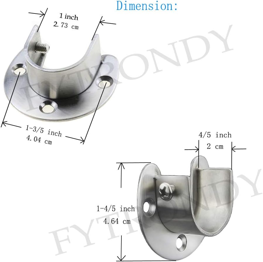 Stainless steel Wardrobe Closet Rod Bracket, U-Shaped Open type Socket bracket, Shower Curtain Rod Pole End Supports Sockets Flange (1 INCH, 4 PACK)