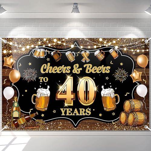 Avezano Cheers & Beers to 40 Years Backdrop Banner Black and Gold Happy 40th Birthday Decorations Beer Whiskey 40 Year Old Birthday Banner for Men Women 70.8 x 43.3 Inch