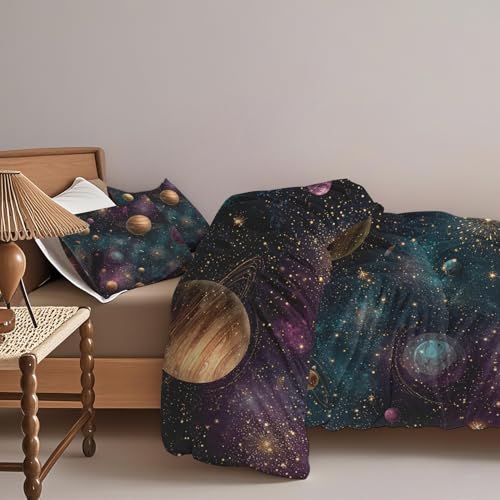 Housse de couette 135x200 espace avec parure de lit microfibres galaxie planète et étoiles