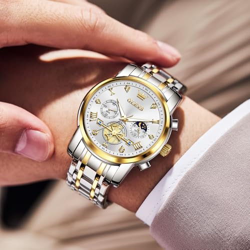 Image of OLEVS Men Watches Stainless Steel Chronograph Watch, Large Wrist Analog Quartz Watch, Fashion Waterproof Diamond Roman Numerals Dress Watches for Men, Gold /Black /White /Blue /Grey Dial
