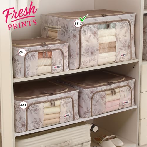 Image of HOKIPO 88L(XL) Folding Storage Box and Organiser for Clothes, 600D Oxford Fabric Storage Box, Latte Floral Pack of 1 (AR-6487-LBR)