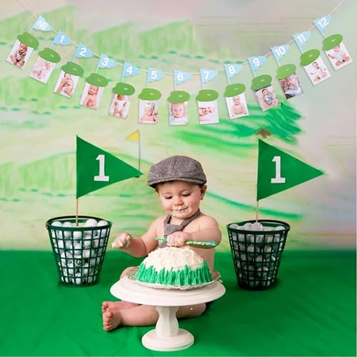 Image of Golf 12 Monthly Photo Banner - Hole In One Monthly Photo Banner,Newborn To 12 Months Banner,Baby's First Year Golf Themed Birthday(blue)