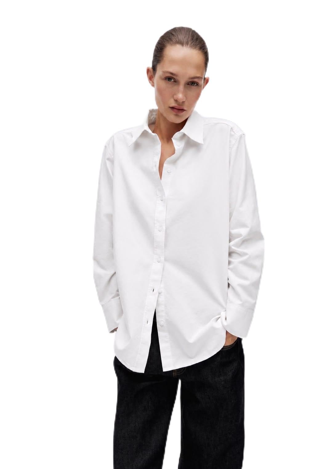 Women's Oversized Oxford Cotton Button-Down Shirt, White, Long Sleeve, Collared, Casual Blouse-picture-46
