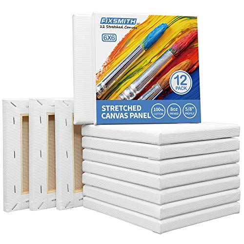 FIXSMITH Stretched Canvas for Painting - 6x6 White Canvas Bulk Pack of 12,Primed,100% Cotton,5/8 Inch Profile of Super Value Pack for Acrylics,Oils & Other Painting Media.