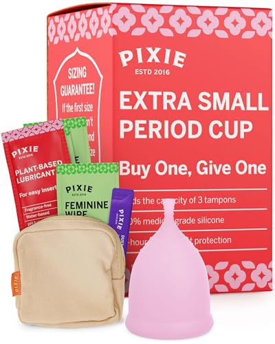 Pixie Menstrual Cup - No Metals or Toxins - Ranked 1 for The Most Soft Reusable Period Cup - Wear 12 Hours - 100% Medical-Grade Silicone - Tampon Alternative - Buy One We Give One (XS)