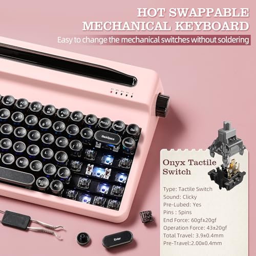 Image of YUNZII QL75 Wireless Typewriter Hot Swap Retro Mechanical Keyboard,Punk Round Keycaps,RGB Backlit QMK /VIA Programmable,Multi-Device Keyboard with 2.4GHz /Type-C /BT5.0 (Pink, Onyx Switch)