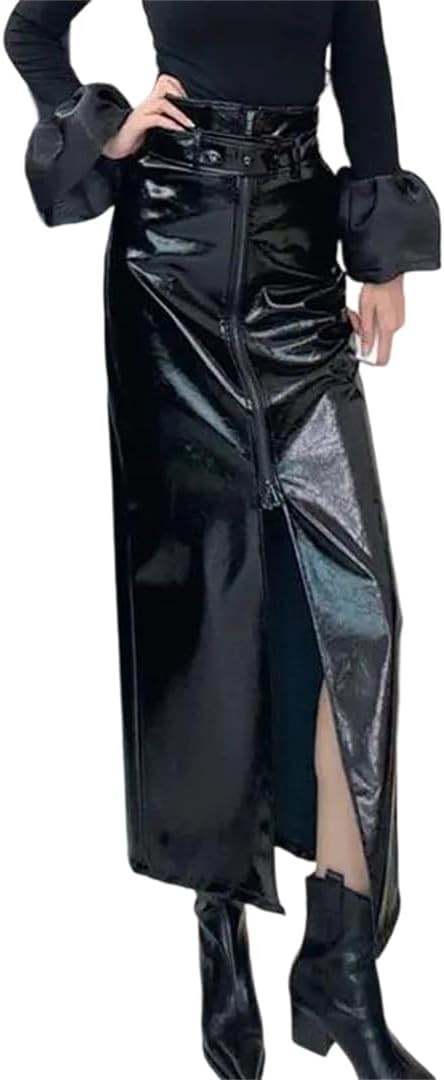 Women's High Waisted Faux Leather Midi Pencil Skirt Back Zipper Slit Elegant Commute Streetwear Skirt