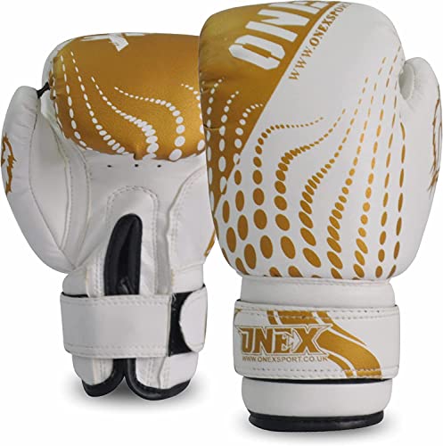 Gants de boxe pour enfants Onex 6oz Entraînement Muay-Thai Kickboxing MMA Arts Martiaux Filles et Garçons, Gold Kids, 18 cl Cover