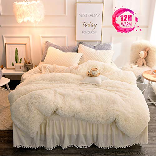 MUKKA Longfur Faux Fur Duvet Cover Set Queen, 3 Pieces Shaggy Bedding Set