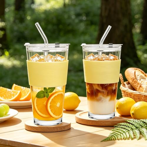 Image of Birity 16oz Glass Cups with Lids and Straws,Glass tumbler With Straw and Lid-Reusable Iced Coffee Cups for Tea, Juice, Smoothies, Mason Jar Drinking Cup for Hot /Cold Drinks at Home,Office,Travel