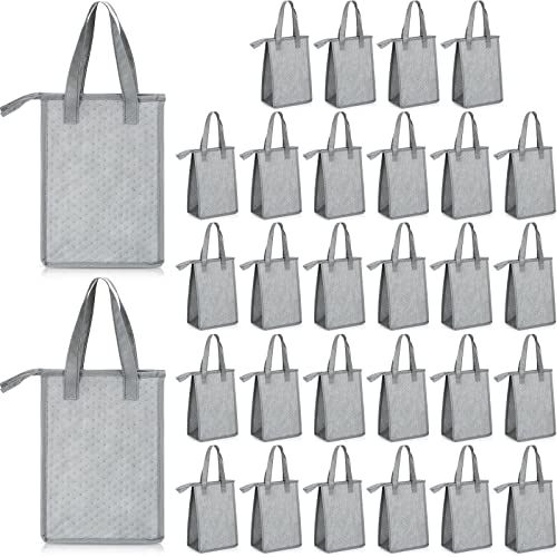 Sliner 30 Pcs Insulated Lunch Bags Bulk Reusable Cooler Tote Bag with Zipper Grey Thermal Leakproof Lunch Box Container with Aluminum Foil Employee Gifts for Women Men Work Office Travel Picnic