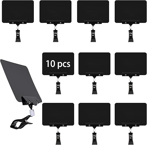Paquete de 10 mini letreros de pizarra de plástico con clip, pantalla giratoria de doble cabezal, etiquetas de precio, soporte de clip para letreros