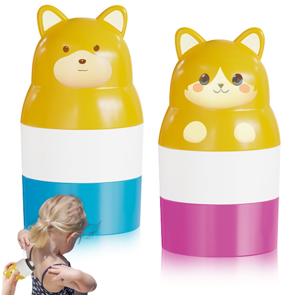 2 Pièces Applicateur Creme Solaire Enfant, 100mL Applicateur de Creme Solaire et de Lotion Rechargeable à Éponge, Portable Applicateur Crème Solaire À Rouleau pour Enfants, Adultes (Bleu, Rose)
