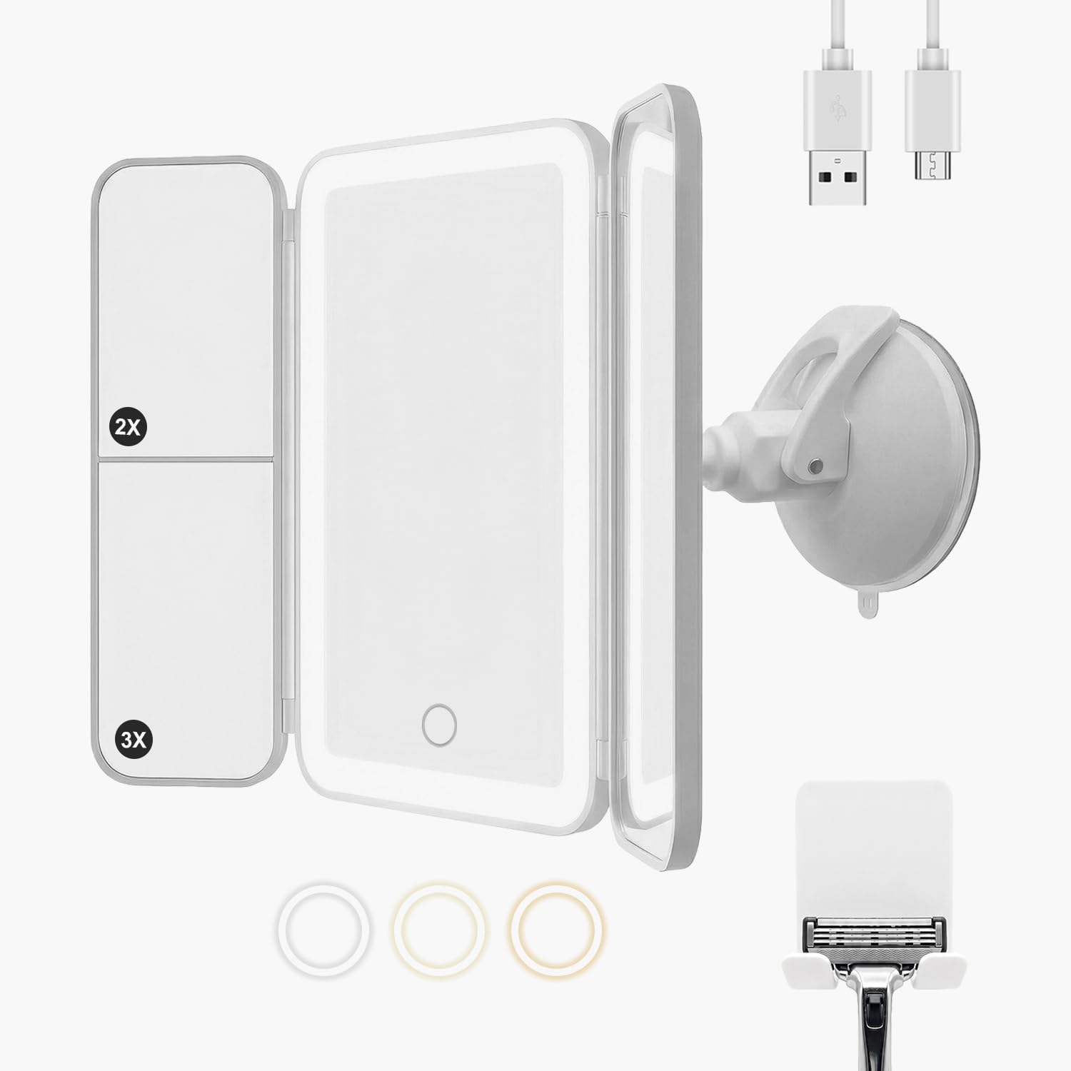 LED Shower Mirror with Lights for Bathroom, Trifold 3000mAh Vanity Mirror with Powerful Suction Mount, Rechargeable Makeup Mirror with 2X/3X Magnification, 3 Color Lights-image-37