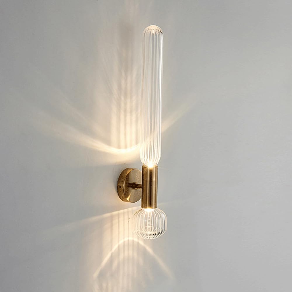 Lampada da parete a LED in oro Lampada da parete moderna in vetro a tubo lungo e lungo Lampada da parete in vetro trasparente a strisce nordiche su e giù 9W 3000K Lampada da bagno Lampada da p