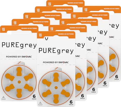 PUREgrey - Pilas para audífonos tipo 13 – 60 unidades para audífonos diseñados para el máximo rendimiento – Pack de 10 blísteres de 6 pilas para audífonos – Código de color naranja PR48 1,45 V