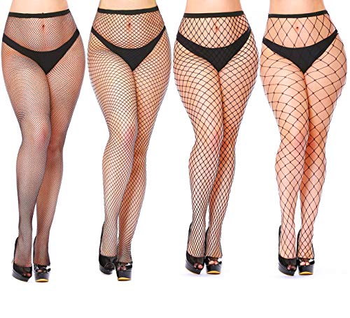 Womem's Sexy Black Fishnet Tights Plus Size Net Pantyhose Stockings (4 Pairs Fishnet Tights, plus size)