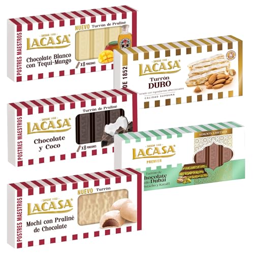 Pack Surtido 5 Turrones Lacasa:Blanco con Tequi Mango, Chocolate y Coco,Duro,Mochi con Praliné de Cacao,Chocolate estilo Dubai con Pistacho y Kataifi