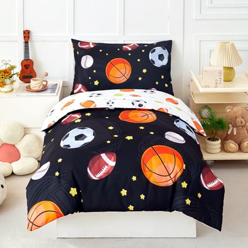 Image of PERFEMET Sports Theme Toddler Boys Bedding Set 4 Pieces Basketball Football Printed Toddler Comforter Set Reversible Design Ball Games Bed in A Bag (Black)