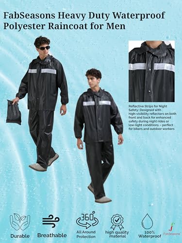 Image of FabSeasons Heavy Duty Waterproof Polyester Raincoat for Men with Reflective Strips, Hoodie & Elastic Cuffs - Ideal for Bike Riders & Night Safety