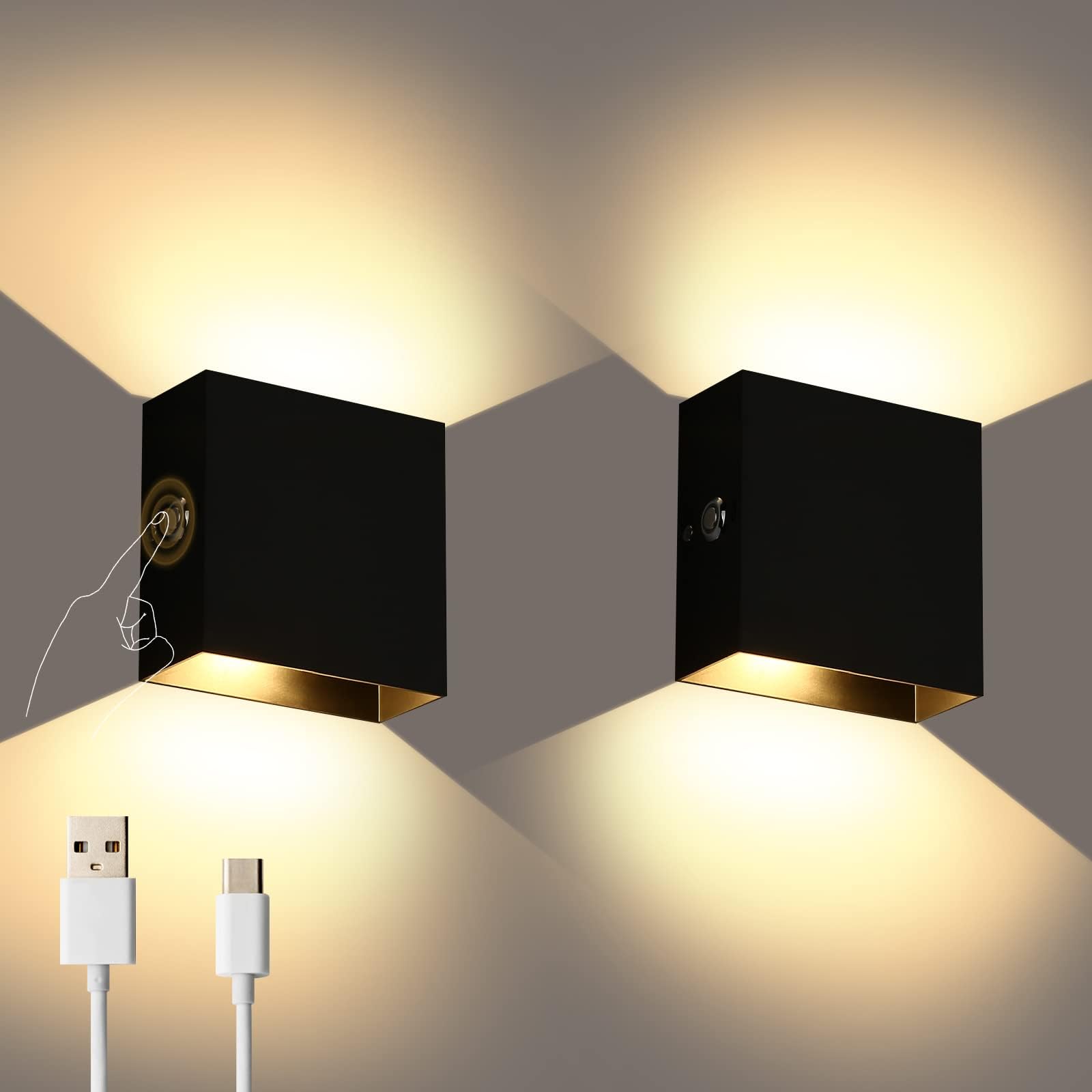 Lightess LED Wall Sconce Battery Powered Set of 2, Touch Control Dimmable Wall Lamp Rechargeable Black, Up Down Wall Mount Lights for Hallway Living Room, Warm White, LG9939111