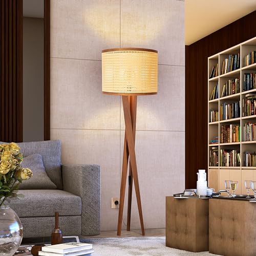 Luminaria De Chao Abajur Pes De Madeira Tripe Cupula Palha Indiana Sintetic...