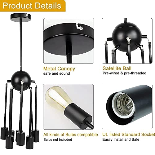 Dllt Sputnik Chandelier 8 Lights, Starburst Black Modern Ceiling Light Fixtures, Mid Century Vintage Hanging Semi Flush Mount Pendant Lamp For Living Room, Kitchen And Bedroom, E26 Base #TOP4