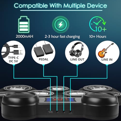 Image of Electronic Drum Set Potable Drum Set Volume Control Electric Drum Set MIDI Drum Pad with 2 Built-in Stereo Speakers Foot Pedals, Sticks Christmas& Birthday Gift Can Record Tracks (Drum Songs Included)