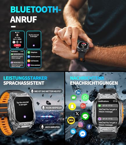 Smartwatch Herren Militär mit 1000mAh Akku/Telefonfunktion,Herzfrequenz/Schlafmonitor/IP68 Wasserdicht/2 Armbänders (Grau) – Ansicht 3