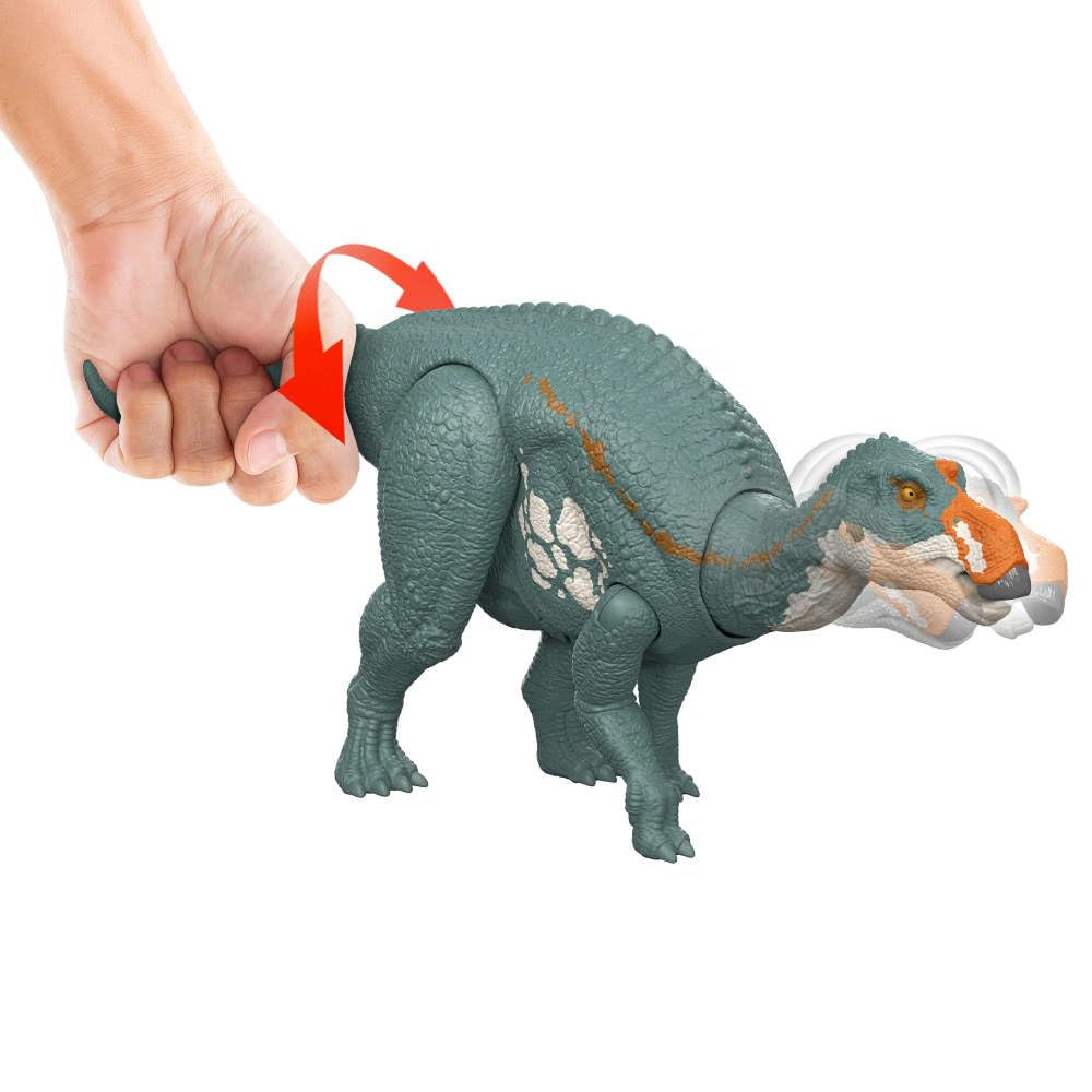 Mattel Jurassic World La Rinascita Maiasaura Ruggito Selvaggio, dinosauro giocattolo con attacco multidirezionale azionato con la coda e suoni, snodato, gioco digitale, JGC82