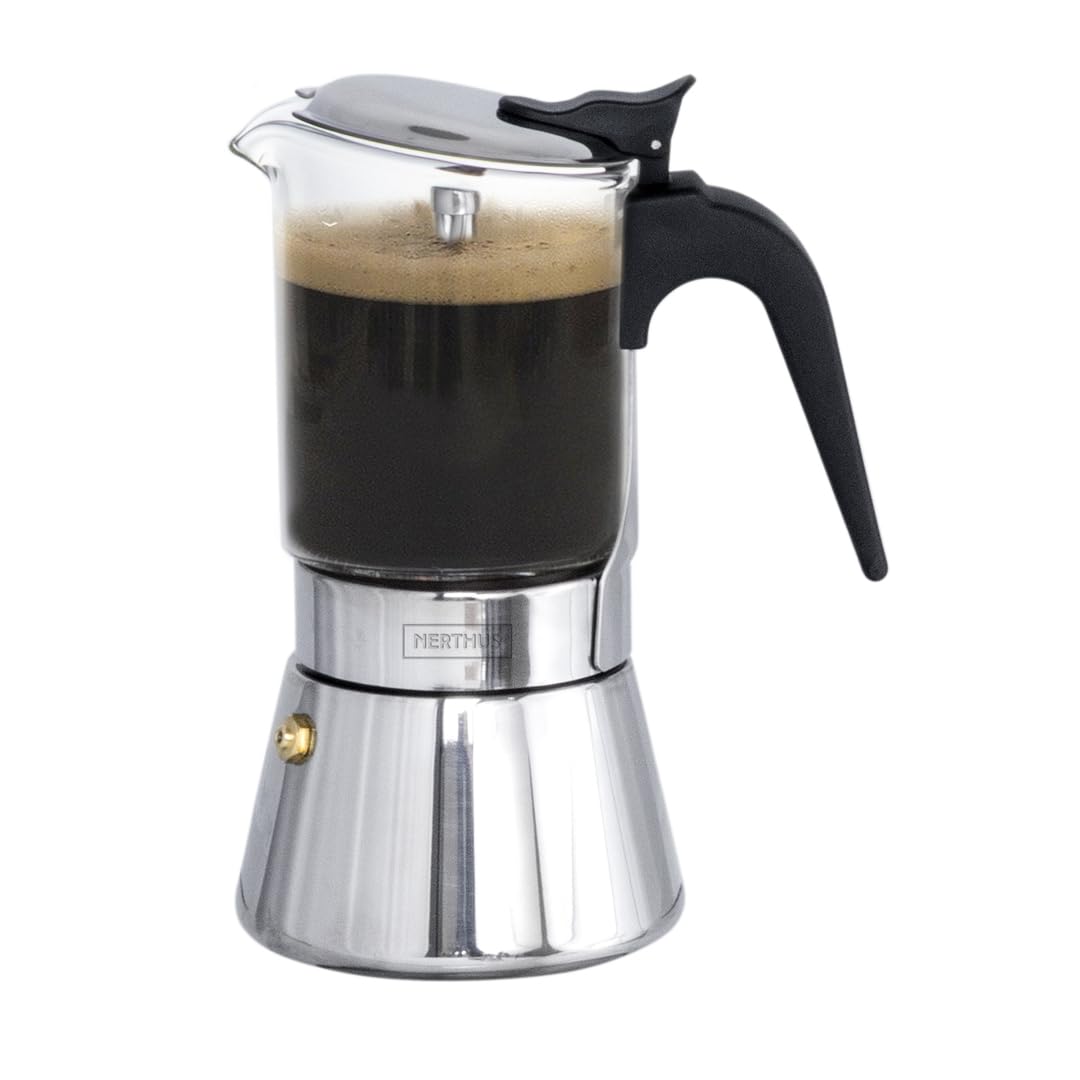 NERTHUS FIH 1627 Cafetera Exprés 360 ml, Cafetera Italiana de Cristal con Base de Acero Inoxidable, Cafetera para Café con Asa Ergonómica