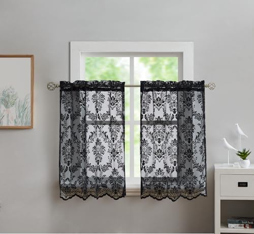 LinenZone Lace Kitchen Curtains. Window Treatment for Kitchen or Small Window. Café Tiers Can Be Combined with Matching Swags or Valance for a Charming Farmhouse Look. (Fiona 30 x 24 Black) by LinenZone - Used condition - US$9.57