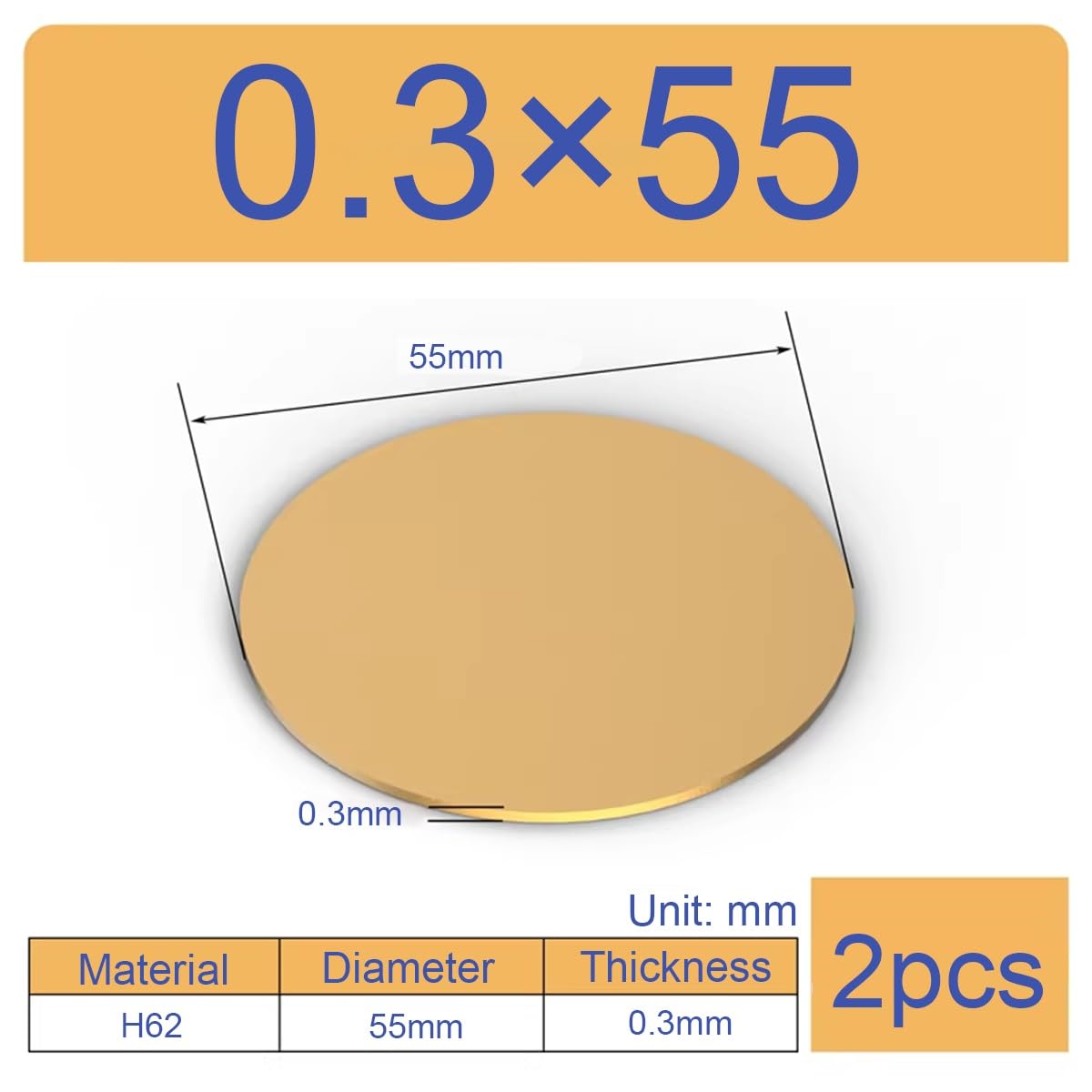 1/2/4pcs Thickness 0.3mm Brass Plate Disc, Dia 10-120mm Brass Gasket Round Plate Board DIY Metal(0.3x55mm 2pcs)
