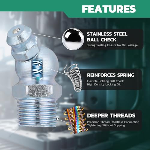 Image of OURU 100PCS Grease Fittings Kit, SAE Zerk Grease Fittings Straight 45 90 Degree with Grease Fitting Caps for Grease Gun