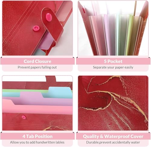 Image of Corslet Expanding File Folder, Aesthetic Folders for School, Accordion File Organizer, Aesthetic Folder with Labels,5 Pockets Important Document Folders (Rose Red Marble File Folder)